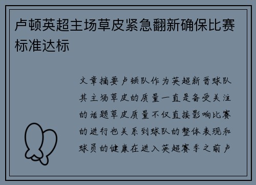 卢顿英超主场草皮紧急翻新确保比赛标准达标
