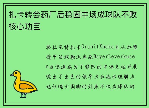 扎卡转会药厂后稳固中场成球队不败核心功臣