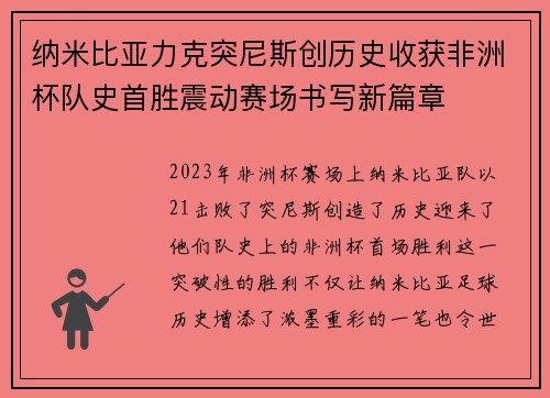 纳米比亚力克突尼斯创历史收获非洲杯队史首胜震动赛场书写新篇章